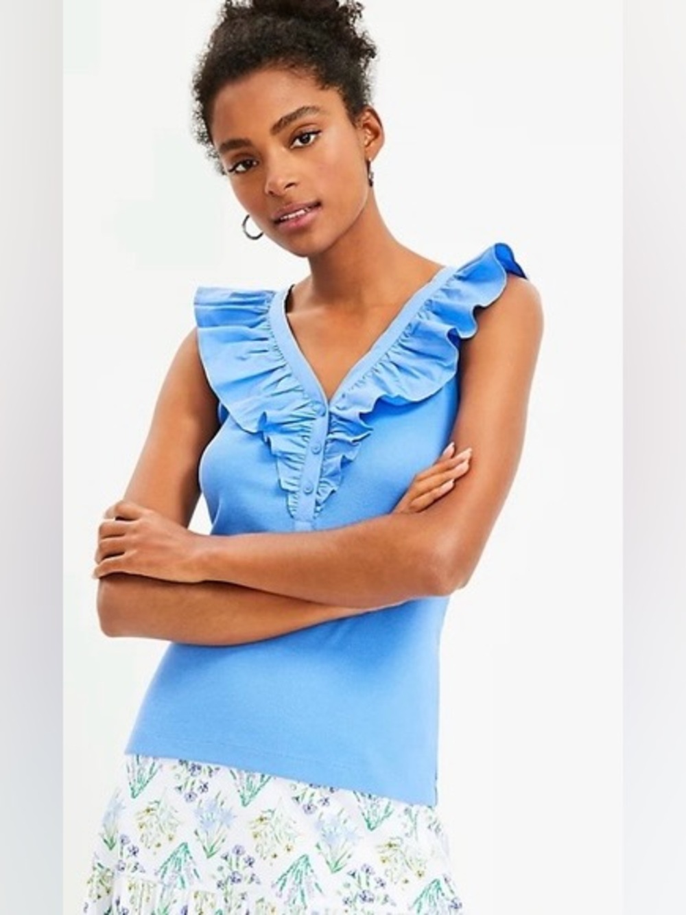 LOFT Ruffle V-Neck Mixed Media Knit Top Blue Small